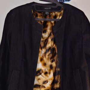 Leopard-print lined jacket/blazer in dark denim/chambray fabric fits like 14/16